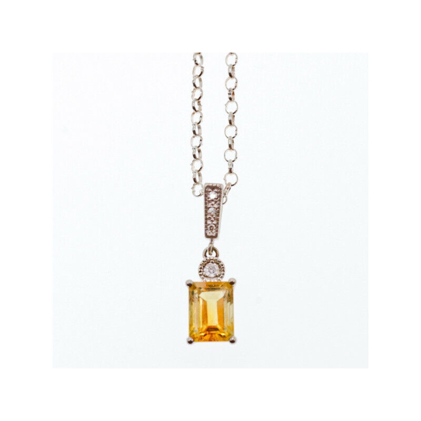 925 Sterling Silver Citrine & Cz Chain With Pendant